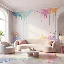 a modern indoor room covered with insanel detailed splahing colorfull liquid oilpaint drips, clean architecture, pastel colored, baroque, a couch, a couch table, daylight, peaceful, 8 k, octane render