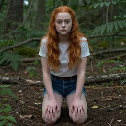 Sadie Sink (Maxine Mayfield) from Stranger Things kneeling in a forest looking straight ahead, cinematic, soft realistic lighting, establishment scene, extremely high details, photorealistic, 8k
