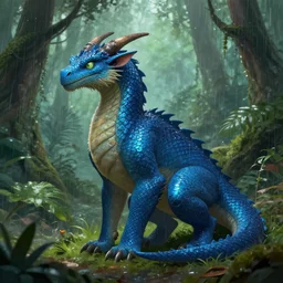 A dragonborn with blue scales in a rainforest, trending on artstation, digital art