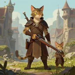 “ dungeons and dragons tabaxi rogue, anthromorphic cat person with a repeating crossbow in a medieval city, small and big, illustration, fantasy, trending on artstation ”