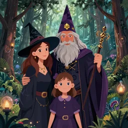 a wizard father with his witch wife and his witch daughter in a mystical forest full of wonders, pine trees, magical atmosphere, trending on artstation, 30mm, by Noah Bradley trending on ArtStation, deviantart, high detail, stylized portrait