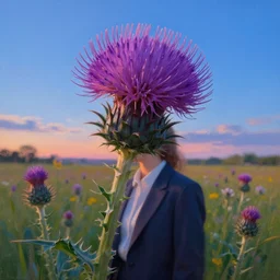 large thistle flower under head, a girl in a suit in field of flowers, surreal photography, sunrise, blue sky, dramatic light, impressionist painting, digital painting, artstation, simon stalenhag