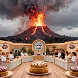 The Great British Bake Off TV Show whilst a active volcano erupts in the background, wide angle shot