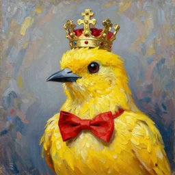 a portrait of an elegant royal yellow bird wearing a crown and a red bow tie, oil painting, impressionist, vibrant, high quality