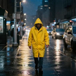 a man in a yellow raincoat walks alone through the rainy and lonely streets of new-york at night