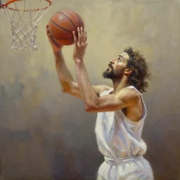 Jesus playing basketball in oil painting