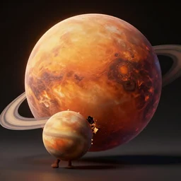 3 d render of characteristic mars eating saturn, au naturel, hyper detailed, digital art, trending in artstation, cinematic lighting, studio quality, smooth render, unreal engine 5 rendered, octane rendered, art style by pixar