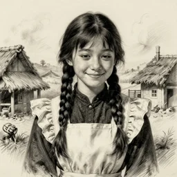 a sadly smiling black haired, young hungarian village maid from the 19th century who looks very similar to Lee Young Ae with a french braids, detailed, sketch by Rembrandt, Csók István and da Vinci