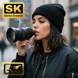 Photograph of a mixed woman smoking, wearing a black beanie and black bomber jacket, urban environment, depth of field, 4k, 8k, hd, award-winning, sigma 85mm f/1.4, close up