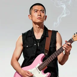 chinese rocker guy with short hair wearing a serious expression and looking up, wearing a black vest and playing a pink guitar, smoke in the background, full color digital illustration in the style of frank frazetta,, artgerm, artstation trending