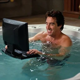 al pacino scarface hot tub scene, except he is smiling at a computer monitor, a pc computer floats in the water nearby