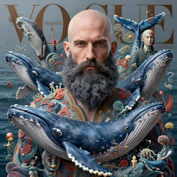 masculine bald man with majestic beard, whales : : by martine johanna and simon stalenhag and chie yoshii and casey weldon and wlop : : ornate, dynamic, particulate, rich colors, intricate, depth of field sea, highly detailed, vogue, harper's bazaar art, fashion magazine, smooth, sharp focus, 8 k, octane render,