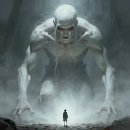 an immense beautiful terrifying pale humanoid giant looms over a tiny human. ethereal horror fantasy art by greg rutkowski