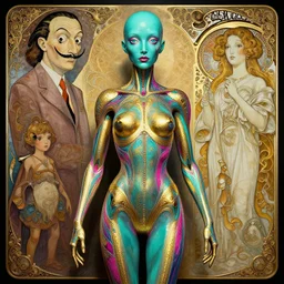 a bright teal magenta gold humanoid, liminal, hyper detailed, intricate, in the style of salvador dali and junji ito and wlop and alphone mucha and guillermo del toro