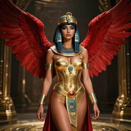 sultry egyptian priestess wearing red dove wings, warframe armor, regal, attractive, ornate, sultry, elize theron, pretty face, blue eyes, scifi platform, 4 k, ultra realistic, epic lighting, illuminated, cinematic, black gold, art by akihito tsukushi, voidstar