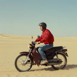 a man in a red bomber jacket riding a moped through the desert, film still by Wes Anderson