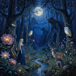 painterly dreamy Kupala Night in the blue forest with trees which have eyes, giant flowers, glowing owls, deers, women, lianas, thistles, giant fantasy creatures, a stream and sky with moon and stars by Beksinski, Alex Grey, Aron Wiesenfeld and Giger dark fantasy, witcher, very detailed oil painting in the alla prima style, masterpiece, 8k