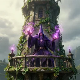 a detailed concept art of a closeup of a powerful wizard castin spells in the balcony of a poison ivy covered tower. magic. particles. gopro. morning. trending on artstation, craig mullins, rutkowski