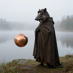 an aardvark, wearing a hooded cloak, stands next to a levitating copper orb, foggy lake, by jan van eyck