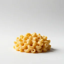 minimalist macaroni and cheese, photorealistic, isolated on a pure white background, centered, entire object in frame, sharp focus, soft studio lighting