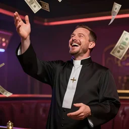 priest laughing while throwing dollar bills in the air in a strip club by mandy jurgens, cartoon, dark backgroun, visionary art, magic symbols, holy halo, neon ambient lighting, high detail, dark vibrant colors