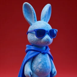 rabbit groot as marble statue with sunglasses, blue sunglasses, in red background, soft blue texture, blue realistic 3 d render, high blue lights, 4 k, high detailed photography blue cape, 5 0 mm lens, rich blue colors, smooth gradients, depth of field, cinematic, hyper realism, high detail, octane render, unreal engine, 8 k very red colors