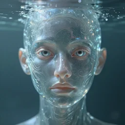 a centered wide shot of an single lonely transparent translucent water made elemental underwater,  omnious , elegant,  reflections, focus, detailed, realistic eyes, horizontal partial symmetry features proportions, intricate facial skin details, award winning, trending in cgsociety artstation deviant art, octane render
