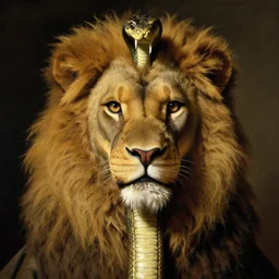 demiurge head face eyes fangs serpent serpent python wearing a lion costume furry ears neck neck tall long viper j.m.w. turner greg rutkowski giorgio de chirico william merritt chase ralph steadman arsen savadov dan witz uta natsume