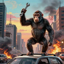 city of buenos aires after the end of the humanity, apes control the city, an ape stand with holding a wrench on top of a car, cinematic photography, highly detailed, hiper realistic, smoke and fire over the city, dramatic background, vibrant colours
