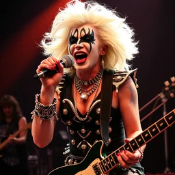 publicity photo still of betty white with kiss makeup on in a death metal band playing live on stage, 8 k, live concert lighting, mid shot