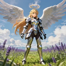 steampunk angel anime girl with a halo made out of steam, extremely detailed, hdr, reflective armor, anime, studio ghibli, lush, pretty, long hair, full body portrait, cinematic lighting, sky, grass, clouds, posing, epic, intense, incredible, sunny, lavender flowers, sharp focus,