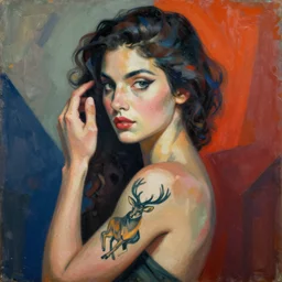 a vivid painting of a woman called bambi in the style of laszlo moholy - nagy and noriyoshi ohrai, she has a tattoo of a deer on her arm, trending on artstation, highly detailed, ultrarealistic, digital art