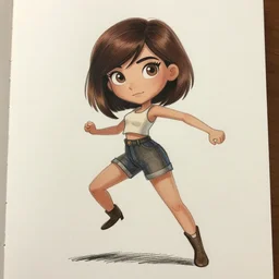 animation character design girl, handrawn dynamic pose, french bob hair, short hair, brown eyes, realistic, 4 k!!!, art station