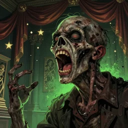 zombie screaming on museum walls with stars and hanging silk drapery, green light dust, magnificent, close up, sharp focus, highly detailed, illustration, by jordan grimmer greg rutkowski wlop maya takamura, intricate, trending artstation, pixiv, digital art