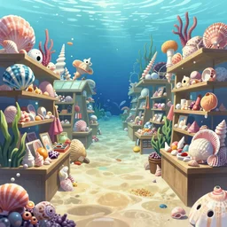 anime background of an undersea shopping district built from various sea shells and corals, seaweed, light prisms, light diffraction, steampunk, cyberpunk, cool lights, anime, vhs distortion