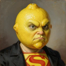 renaissance grotesque portrait painting of old angry lemon head as superhero 2 0 7 7, superior, character redesign by lee bermejo and greg rutkowski and alphonse mucha