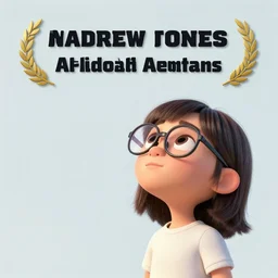 A young girl with glasses looking to the sky, designed by Peter Andrew Jones and Pixar, photorealistic, 3d render, award winning render, unreal engine, octane render, studio lighting, 8k, hd, Dustin Nguyen, Akihiko Yoshida, Greg Tocchini, Greg Rutkowski, Cliff Chiang