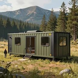 cabela's community of beautiful comfortable carbon framed, military grade, modular insulated wall portable container home kit - house all weather family dwelling tent house, person in foreground, mountainous forested wilderness open fields, beautiful views, painterly concept art, environmental concept art, concept art illustration, by james gurney, by craig mullins, by greg rutkowski trending on artstation