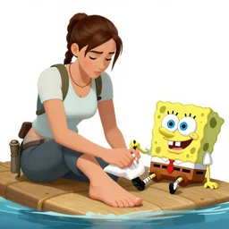 lara croft getting a pedicure by spongebob on a raft
