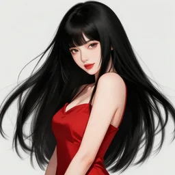 a highly detailed illustration of hime cut black long haired woman wearing red dress, dramatic elegant smiling pose, perfect face, perfect body, intricate, elegant, highly detailed, centered, digital painting, artstation, concept art, smooth, sharp focus, league of legends concept art, wlop