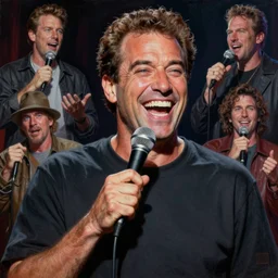 a mixed media portrait painting of nineties jerry seinfeld laughing hysterically in a comedy club, hyperrealistic, by frank frazetta, greg rutkowski, christian macnevin, wlop, krenz cushart, epic fantasy character art, volumetric lighting, cgsociety, exquisite detail, masterpiece, cinematic