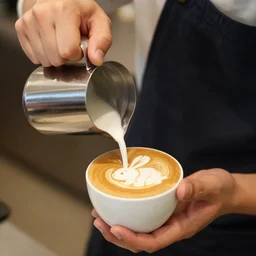 a barista pours latte art in the shape of a rabbit