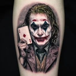 tattoo design of margot robbie with joker makeup, holding an ace card, black and white, realism tattoo, hyper realistic, highly detailed