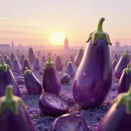 sunrise over a microscopic city of eggplants, 🍆🍆🍆🍆🍆🍆🍆, macro photography, digital art by greg rutkowski, trending on artstation