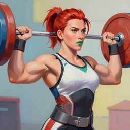 greg manchess portrait of scarlett johansson as roided thick muscular weightlifter zarya from overwatch with short red hair ponytail and green lipstick, fantasy medium shot, asymmetrical, profile picture, organic painting, sunny day, matte painting, bold shapes, hard edges, street art, trending on artstation, by huang guangjian and gil elvgren and sachin teng