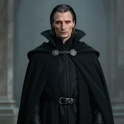 mads mikkelsen as a vampire, male, late - 4 0 s aged, shoulder length hair, slicked black hair, red eyes, clean shaven, wearing a cape, regal, royal, grim facial expression, high medieval fantasy, full color digital art, cinematic shot, portrait, wide shot.