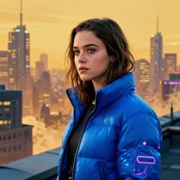 hailee steinfeld, omicron, 2 0 1 8 blade runner movie still girl look at the cityscape from roof perfect face fine realistic face pretty face neon puffy jacket blue futuristic sci - fi elegant by denis villeneuve tom anders zorn hans dragan bibin thoma greg rutkowski ismail inceoglu illustrated sand storm alphonse mucha