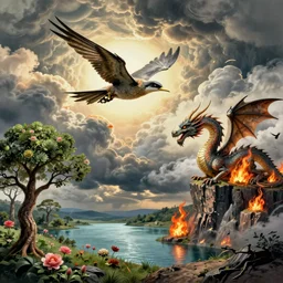 a dream, flying bird, dragon, time, trees, flower, lake, fire, cloud, wind, cliff, surreal, by salvador dali