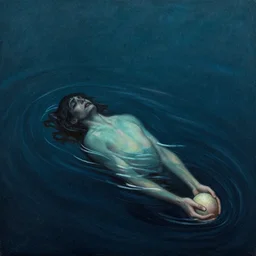 alone, drowning, sorrow, despair. someone sinking into the inky depths and holding their own soul as the last glimmer of hope fades. by peter mohrbacker. by greg rutkowski. grimdark fantasy, vividly detailed pastel ink painting on oiled canvas