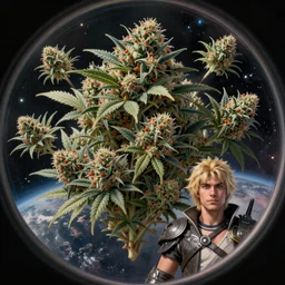 An epic fantastic realism comic book style painting of the most beautiful cannabis flowers and buds launched into space, by James Gilleard, dank trichome bouquets, fisheye lens, unreal 5, DAZ, hyperrealistic, octane render, cosplay, RPG portrait, dynamic lighting